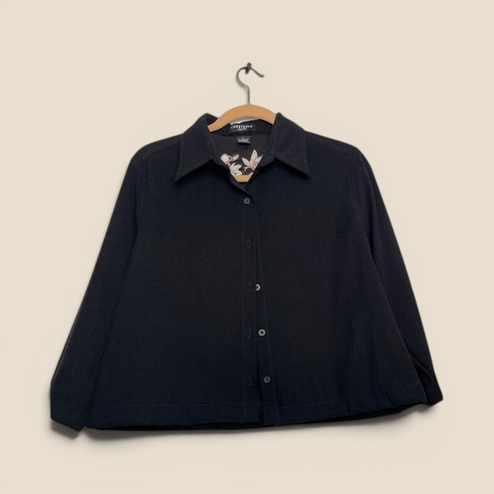 Courtenay Stretch Black Floral Embroidered Button Up Shirt Boxy Relaxed Top 8